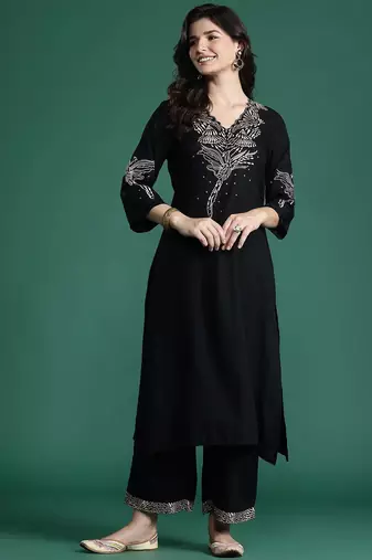 Solid Kurta with Trousers with Embroidered Detail