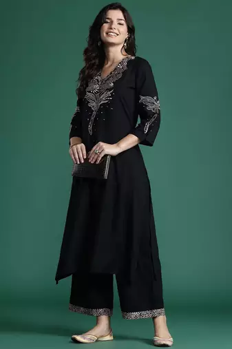 Solid Kurta with Trousers with Embroidered Detail