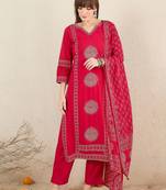 Ethnic Motifs Printed Cotton V-Neck Straight Kurta with Trousers & Dupatta