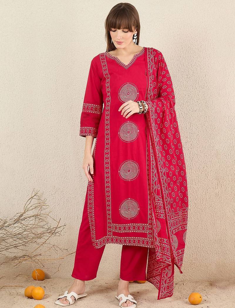 Ethnic Motifs Printed Cotton V-Neck Straight Kurta with Trousers & Dupatta