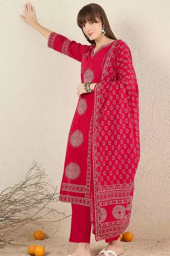 Ethnic Motifs Printed Cotton V-Neck Straight Kurta with Trousers & Dupatta