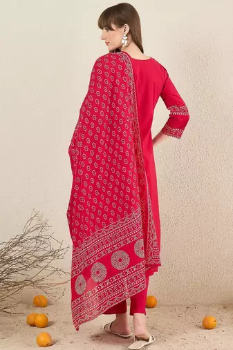 Ethnic Motifs Printed Cotton V-Neck Straight Kurta with Trousers & Dupatta
