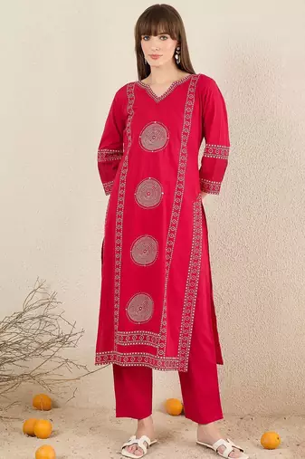Ethnic Motifs Printed Cotton V-Neck Straight Kurta with Trousers & Dupatta