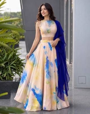 Peach Digital Print Jimmy Organza Lehenga Choli Set 1