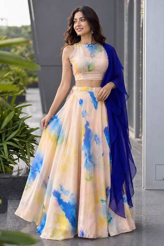 Peach Digital Print Jimmy Organza Lehenga Choli Set