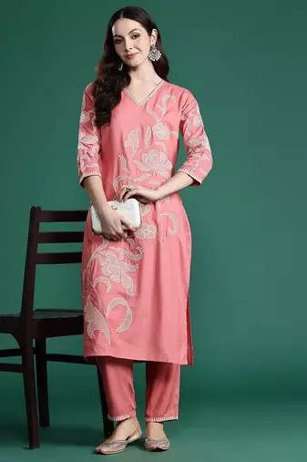 Floral Embroidered Sequinned Cotton Kurta with Trousers
