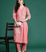 Floral Embroidered Sequinned Cotton Kurta with Trousers