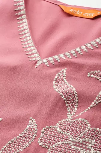 Floral Embroidered Sequinned Cotton Kurta with Trousers