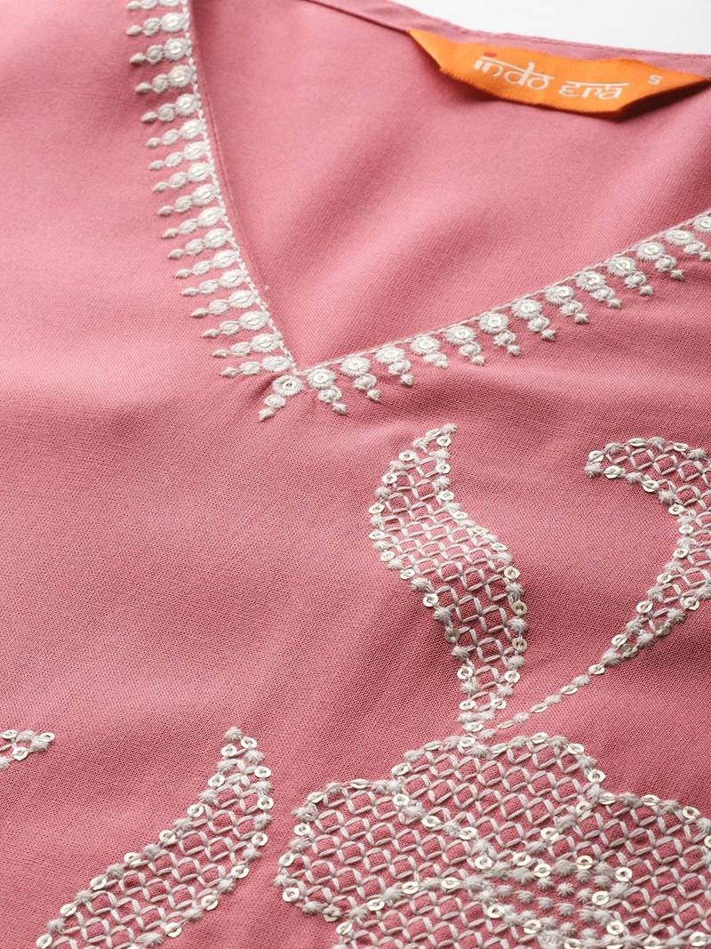 Floral Embroidered Sequinned Cotton Kurta with Trousers