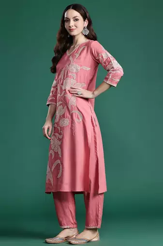 Floral Embroidered Sequinned Cotton Kurta with Trousers