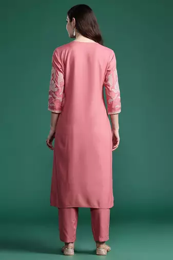 Floral Embroidered Sequinned Cotton Kurta with Trousers