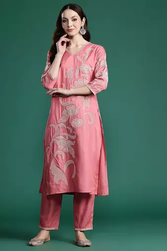Floral Embroidered Sequinned Cotton Kurta with Trousers