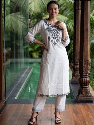 Women Ethnic Motifs Embroidered Thread Work Cotton Kurta with Trousers 6