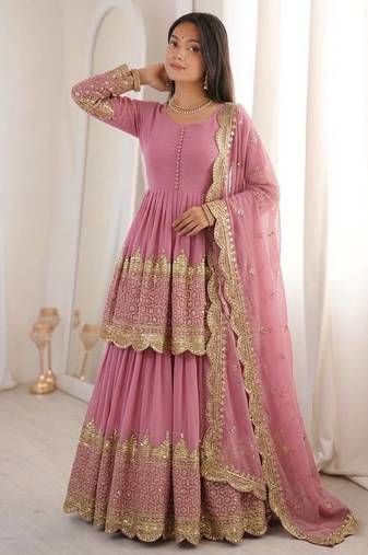 Pink Faux Georgette Embroidered Lehenga Set with Dupatta