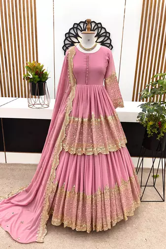 Pink Faux Georgette Embroidered Lehenga Set with Dupatta