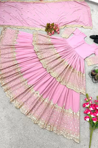 Pink Faux Georgette Embroidered Lehenga Set with Dupatta