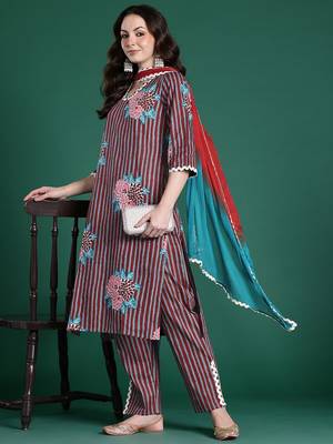 Floral Striped Cotton Kurta with Trousers & Dupatta 1