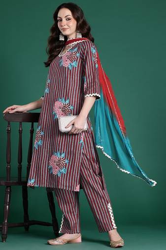 Floral Striped Cotton Kurta with Trousers & Dupatta