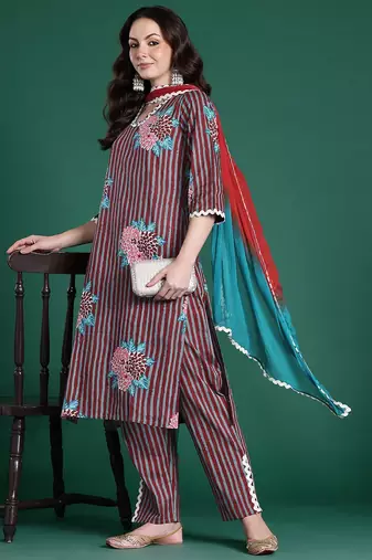 Floral Striped Cotton Kurta with Trousers & Dupatta