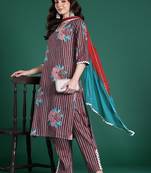 Floral Striped Cotton Kurta with Trousers & Dupatta
