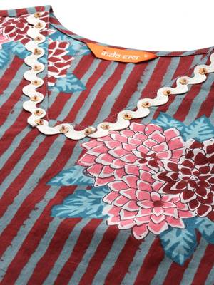 Floral Striped Cotton Kurta with Trousers & Dupatta 2