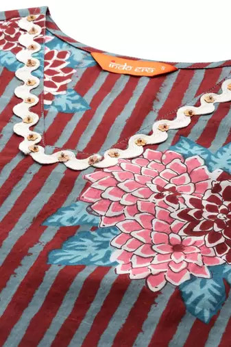 Floral Striped Cotton Kurta with Trousers & Dupatta