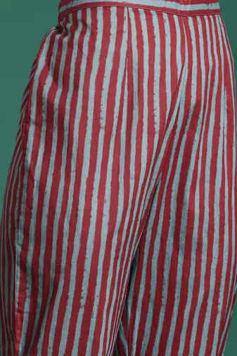 Floral Striped Cotton Kurta with Trousers & Dupatta