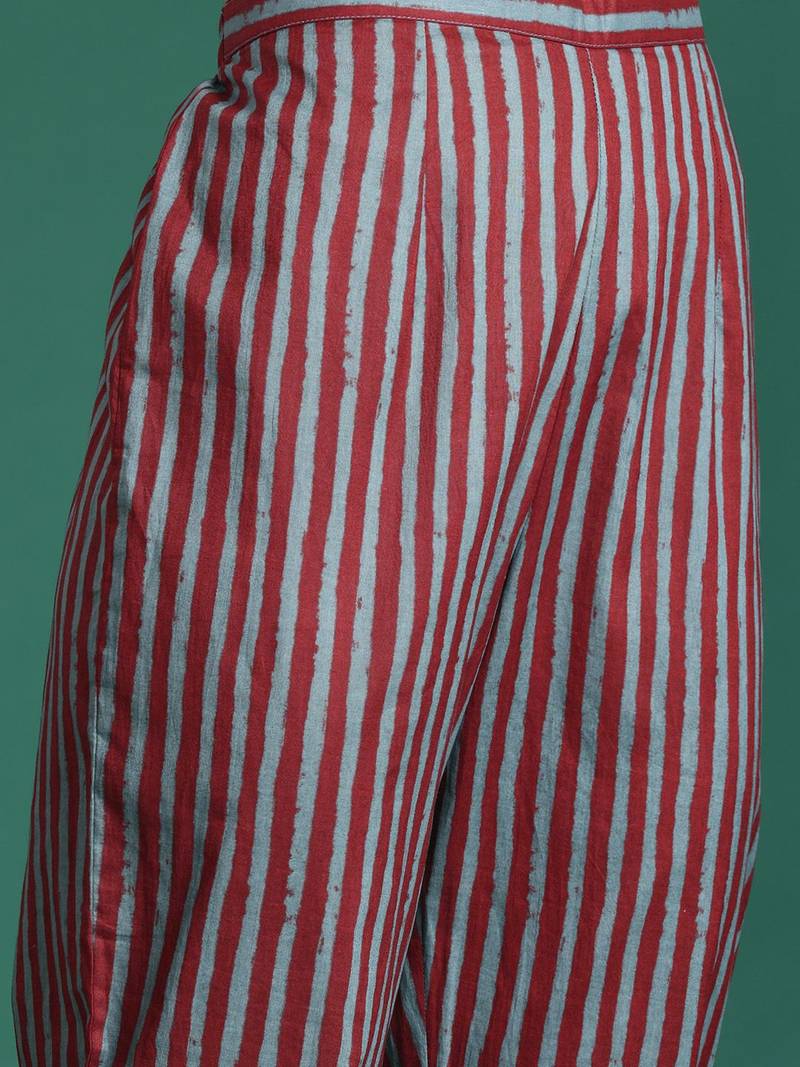 Floral Striped Cotton Kurta with Trousers & Dupatta