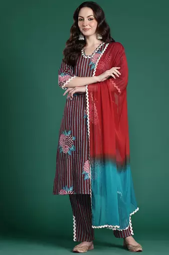 Floral Striped Cotton Kurta with Trousers & Dupatta