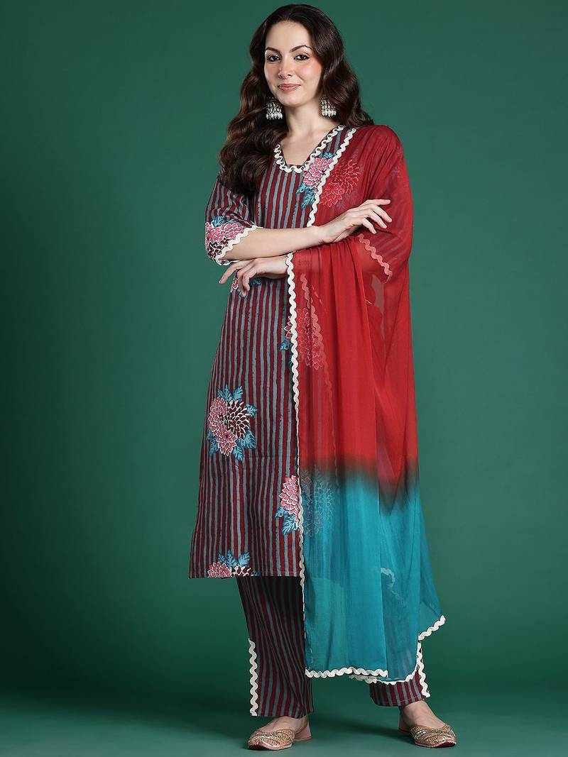 Floral Striped Cotton Kurta with Trousers & Dupatta