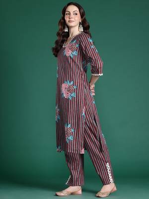 Floral Striped Cotton Kurta with Trousers & Dupatta 6