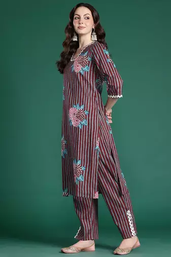 Floral Striped Cotton Kurta with Trousers & Dupatta
