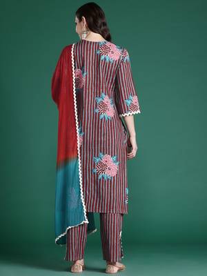 Floral Striped Cotton Kurta with Trousers & Dupatta 7
