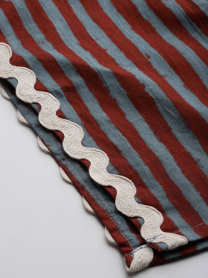 Floral Striped Cotton Kurta with Trousers & Dupatta
