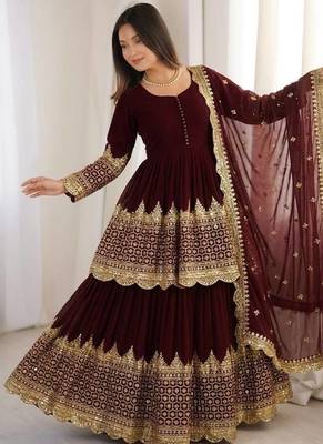 Maroon Faux Georgette Embroidered Lehenga Set with Dupatta 1
