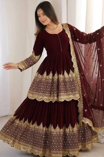 Maroon Faux Georgette Embroidered Lehenga Set with Dupatta