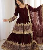 Maroon Faux Georgette Embroidered Lehenga Set with Dupatta