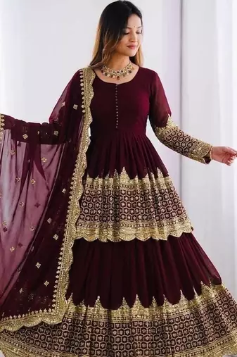 Maroon Faux Georgette Embroidered Lehenga Set with Dupatta
