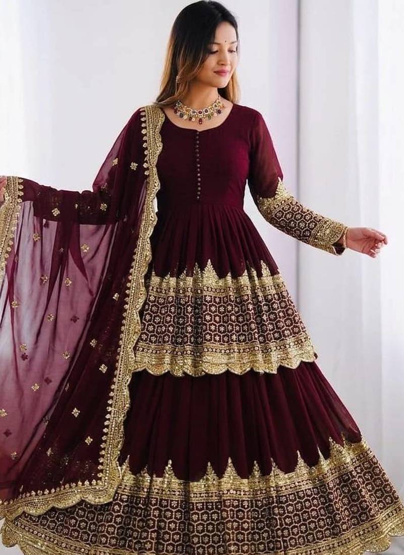 Maroon Faux Georgette Embroidered Lehenga Set with Dupatta