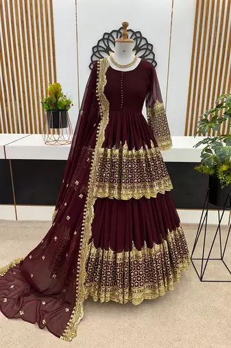 Maroon Faux Georgette Embroidered Lehenga Set with Dupatta