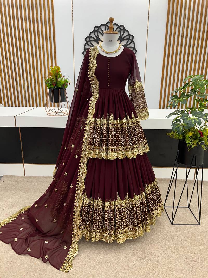 Maroon Faux Georgette Embroidered Lehenga Set with Dupatta