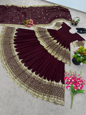 Maroon Faux Georgette Embroidered Lehenga Set with Dupatta 4
