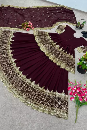 Maroon Faux Georgette Embroidered Lehenga Set with Dupatta