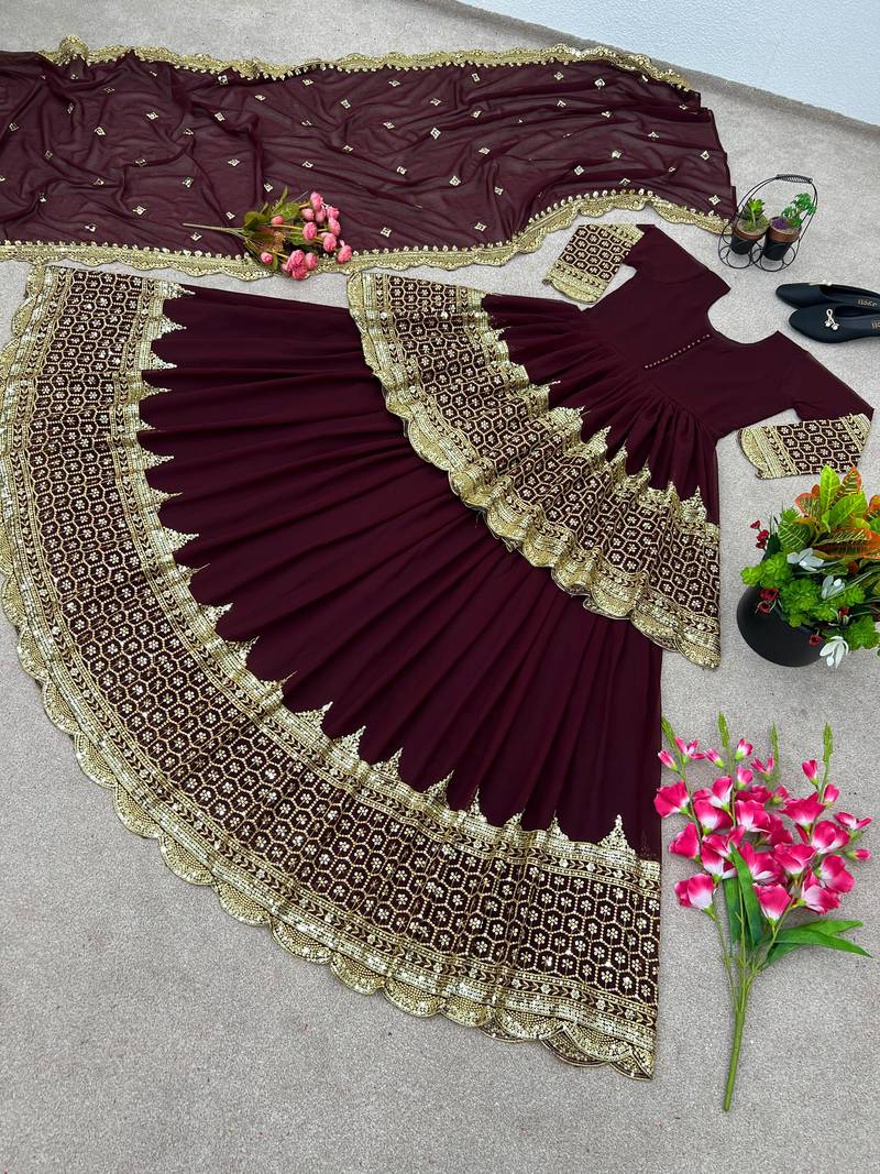 Maroon Faux Georgette Embroidered Lehenga Set with Dupatta