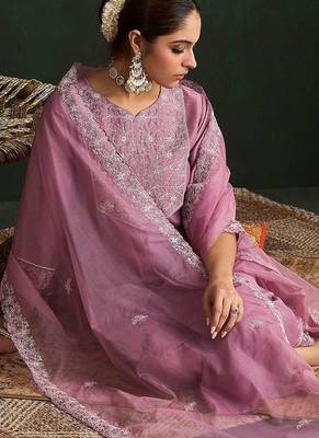 Women Floral Yoke Design Thread Work Kurta with Trousers & With Dupatta 2