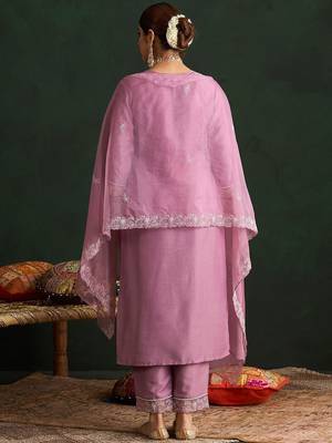 Women Floral Yoke Design Thread Work Kurta with Trousers & With Dupatta 7