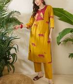 Women Animal Printed Tiered Thread Work Cotton Kurta with Trousers