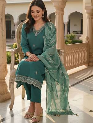 Women Ethnic Motifs Embroidered Thread Work Kurta with Trousers & With Dupatta 1