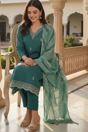 Women Ethnic Motifs Embroidered Thread Work Kurta with Trousers & With Dupatta