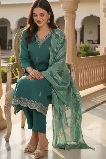 Women Ethnic Motifs Embroidered Thread Work Kurta with Trousers & With Dupatta